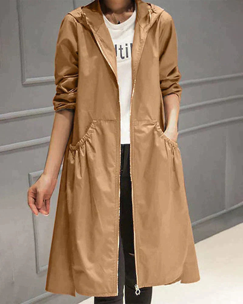 Women's Waterproof Hooded Jacket - Lightweight Knee-Length Relaxed Fit with Zip Closure 2