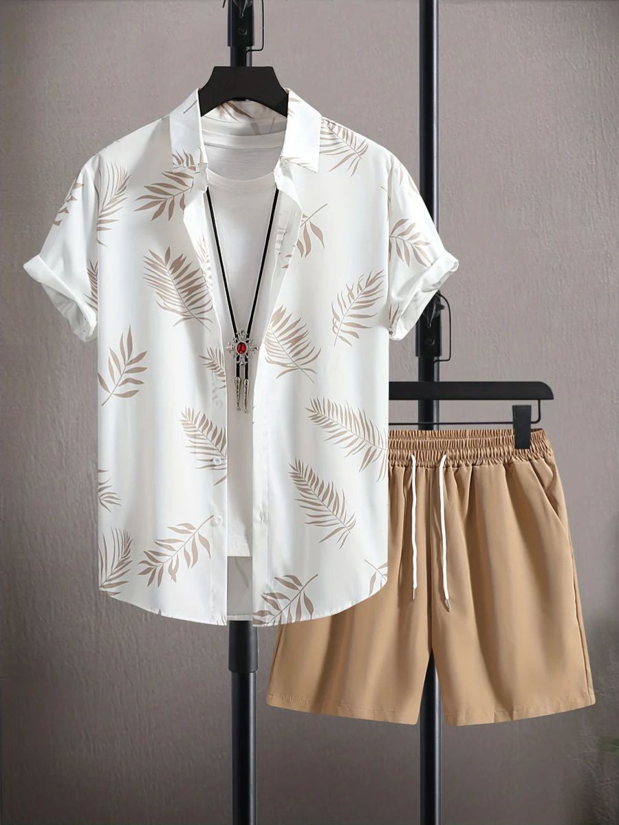 Variant image for Herren Set Beige Größe M Baumwolle mit Tropischem Blattdruck-26