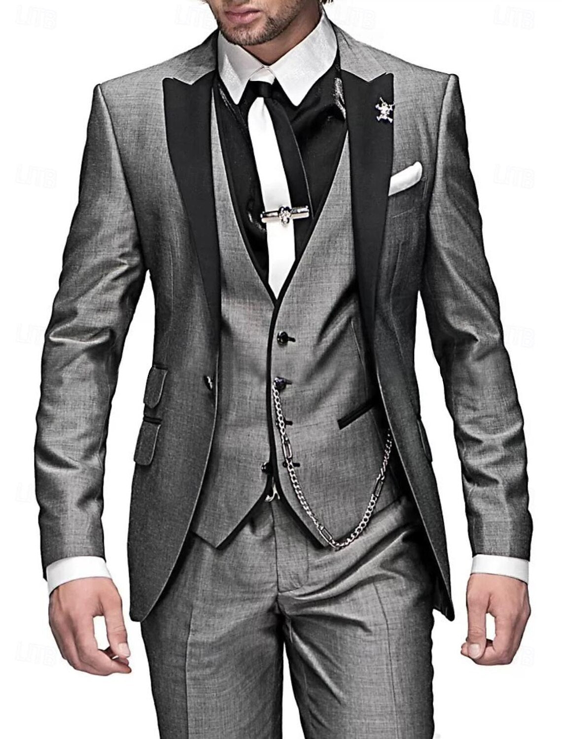 Variant image for Men's Three-Piece Linen Suit Grey Size M Elegant Blazer Vest Pants-45