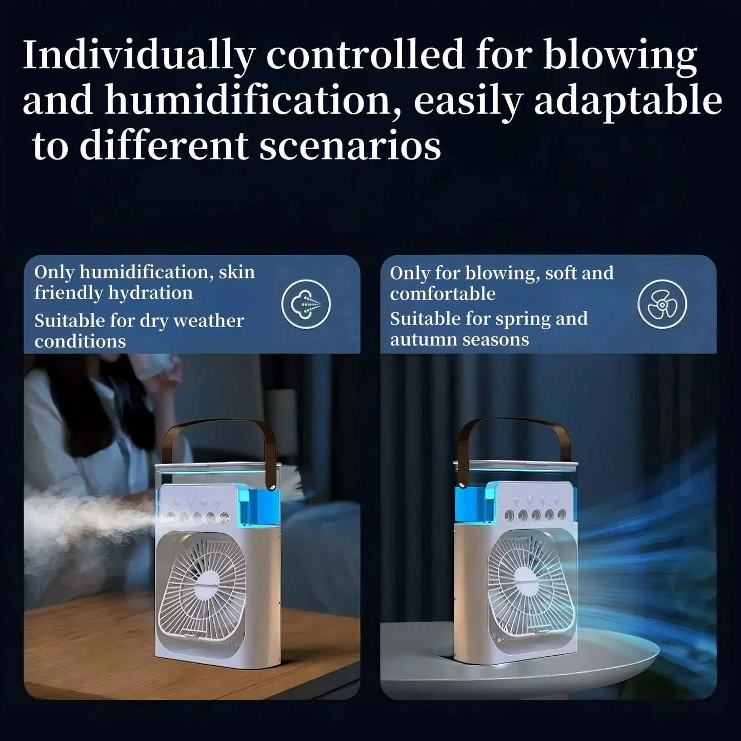 Portable cooling fan with three-in-one air cooler design