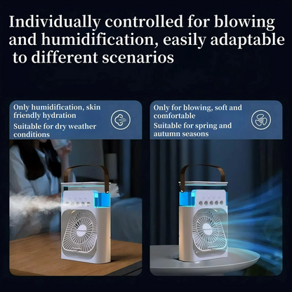 Portable cooling fan with three-in-one air cooler design