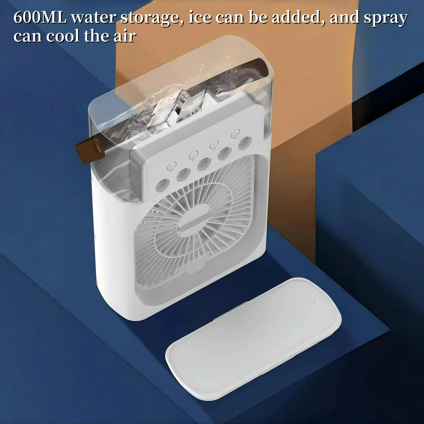 Portable cooling fan with three-in-one air cooler design