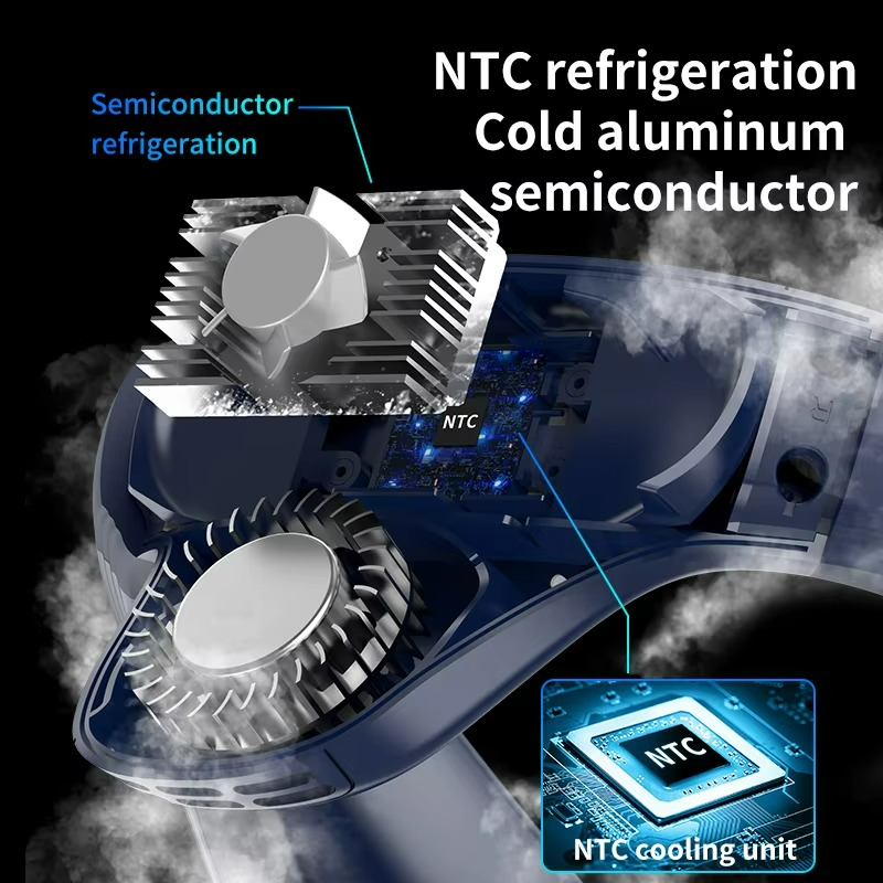 Outdoor neck fan with semiconductor cooling and rechargeable battery