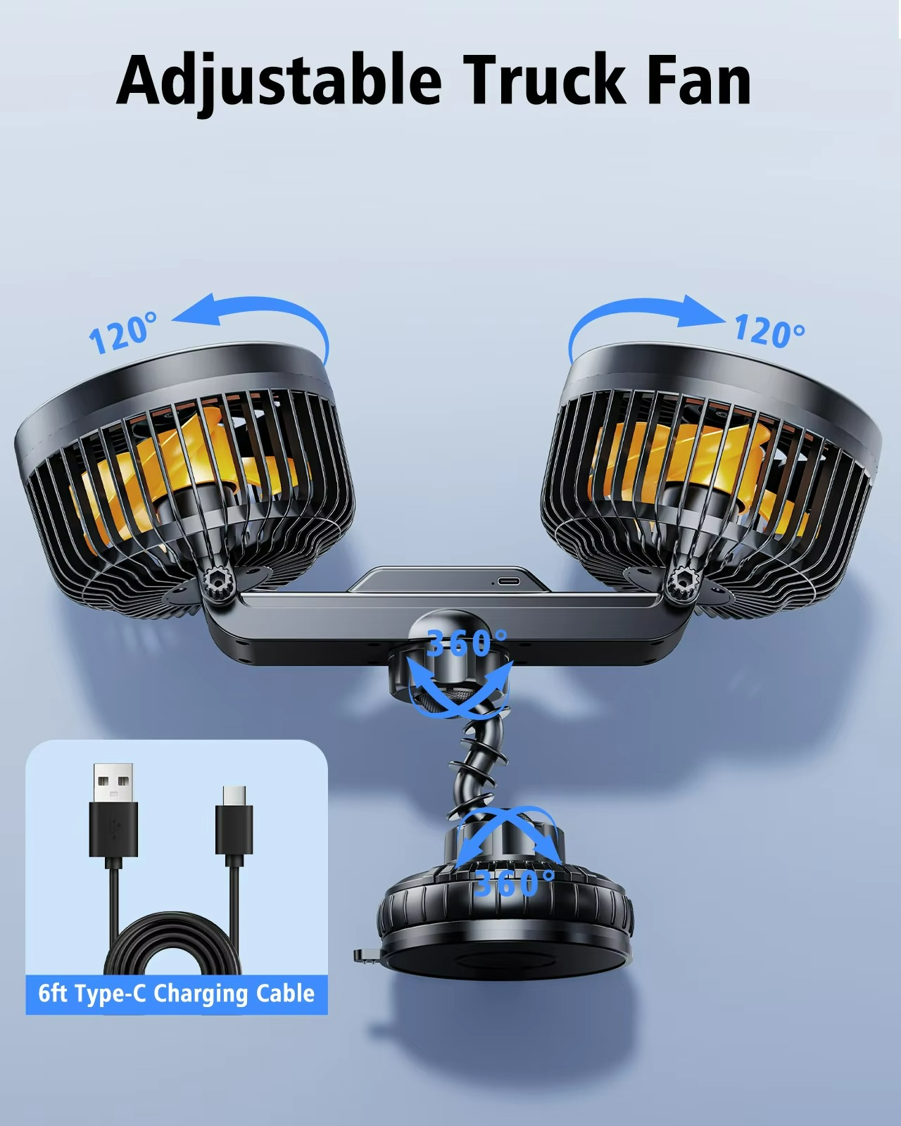 Auto cooling fan with two heads and strong suction cup
