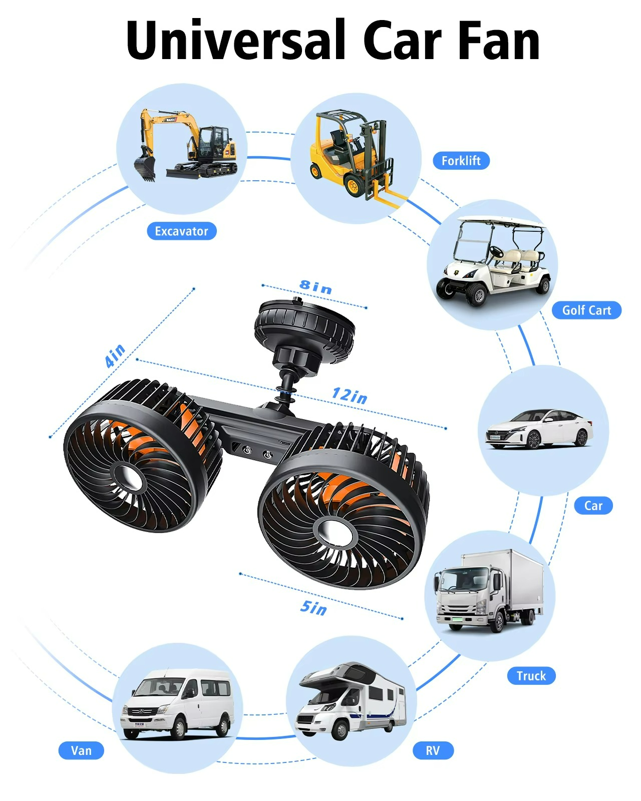 Auto cooling fan with two heads and strong suction cup