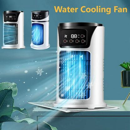 Portable water-cooled fan with humidifier for indoor use