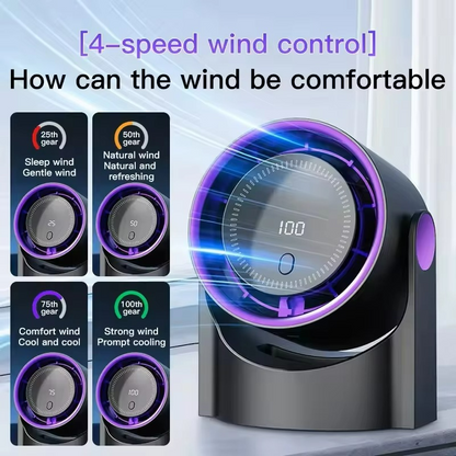 Quiet table fan with digital display and wireless portability