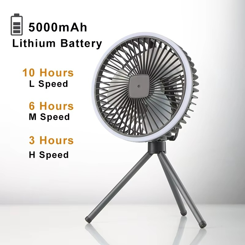 Portable camping fan with LED light and rechargeable battery