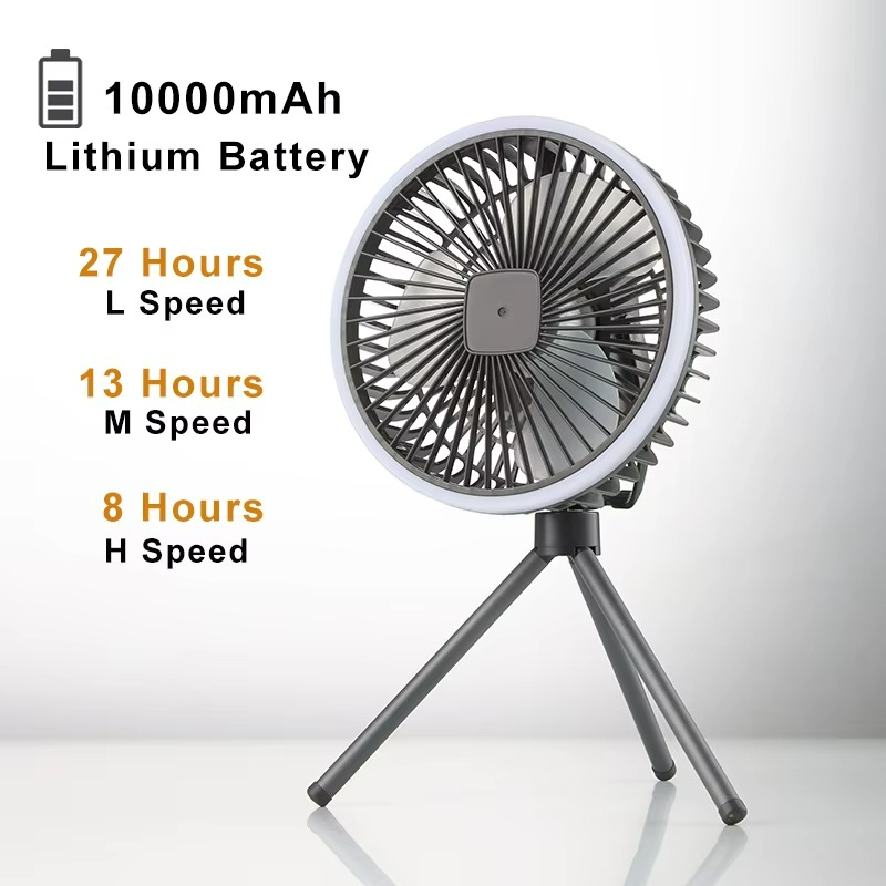 Portable camping fan with LED light and rechargeable battery