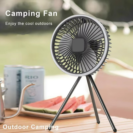 Portable camping fan with LED light and rechargeable battery