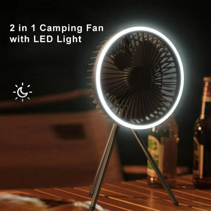 Portable camping fan with LED light and rechargeable battery