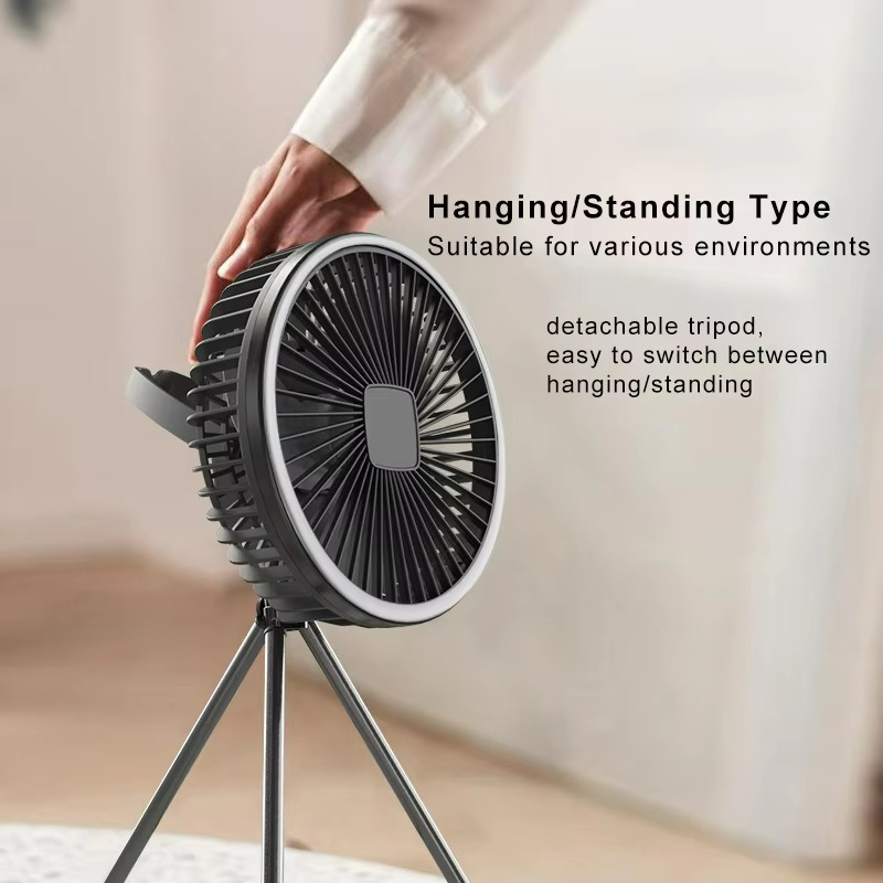 Portable camping fan with LED light and rechargeable battery