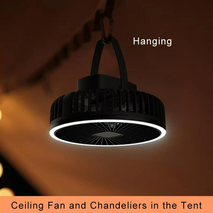 Portable camping fan with LED light and rechargeable battery