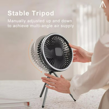 Portable camping fan with LED light and rechargeable battery