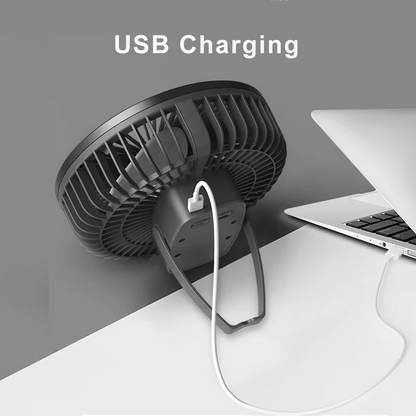 Portable camping fan with LED light and rechargeable battery