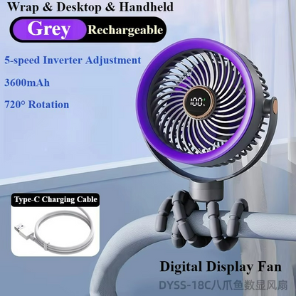 Portable octopus fan in handheld design with rechargeable USB battery
