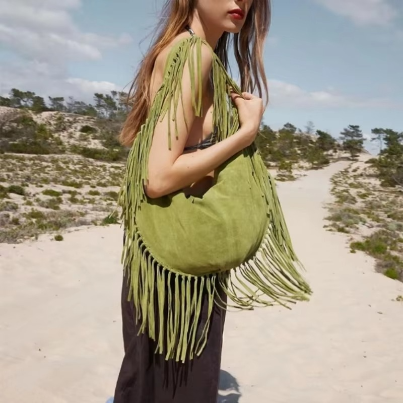 Mala de mão retro para senhora em camurça com franjas – forma de croissant, estilo boho, tamanho pequeno e grande, mala elegante para o dia a dia e ocasiões especiais