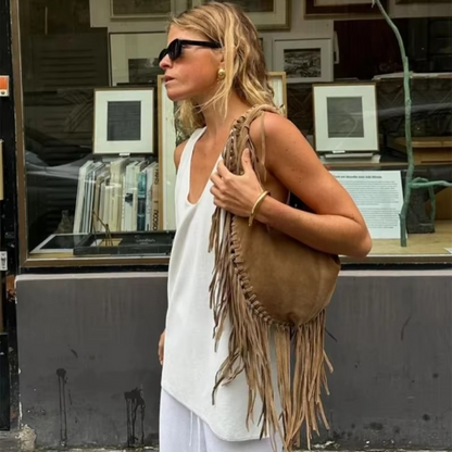 Mala de mão retro para senhora em camurça com franjas – forma de croissant, estilo boho, tamanho pequeno e grande, mala elegante para o dia a dia e ocasiões especiais