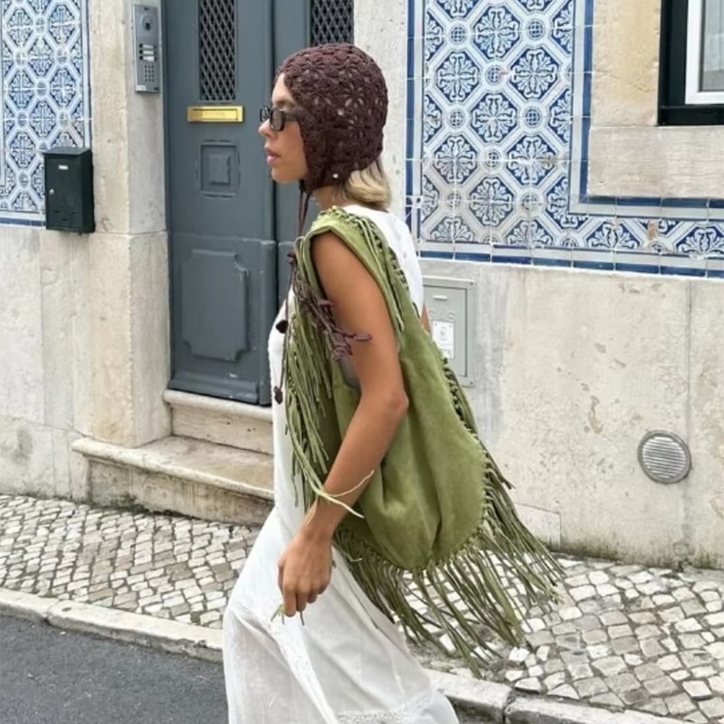 Mala de mão retro para senhora em camurça com franjas – forma de croissant, estilo boho, tamanho pequeno e grande, mala elegante para o dia a dia e ocasiões especiais
