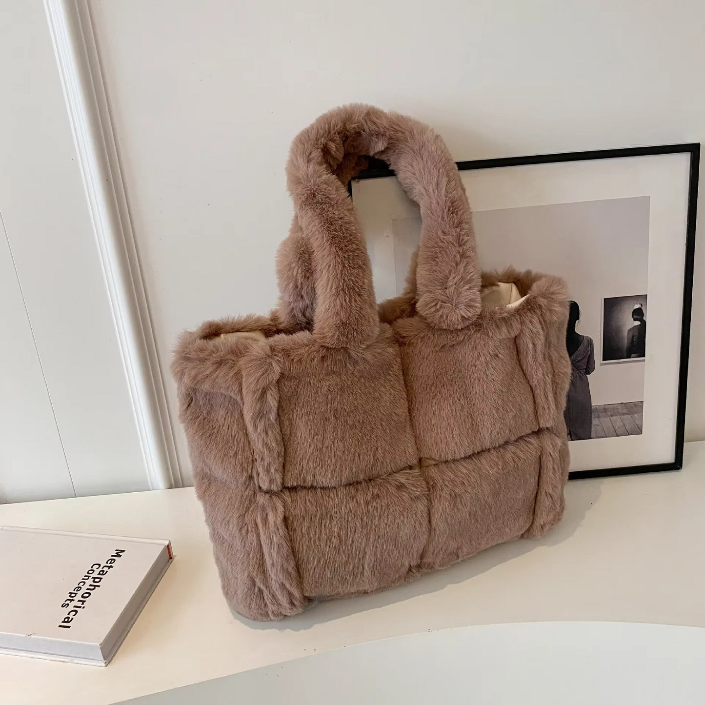 Mala de ombro de peluche para senhora – Alta capacidade, mala de ombro macia para ocasiões elegantes
