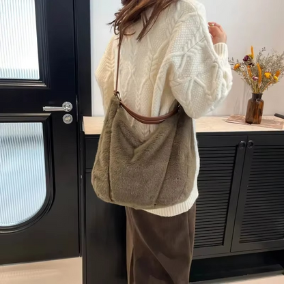 Mala de ombro felpuda para senhora com fecho de correr – Mala transversal espaçosa e macia para lazer e roupas de inverno