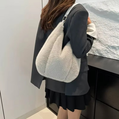 Mala de ombro felpuda para senhora com fecho de correr – Mala transversal espaçosa e macia para lazer e roupas de inverno