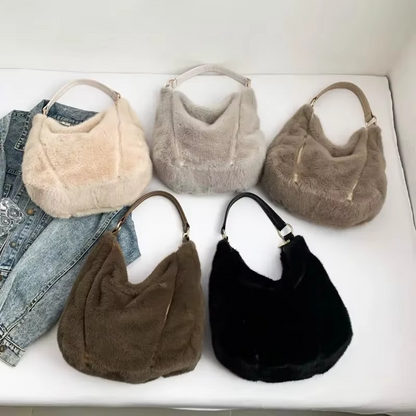 Mala de ombro felpuda para senhora com fecho de correr – Mala transversal espaçosa e macia para lazer e roupas de inverno
