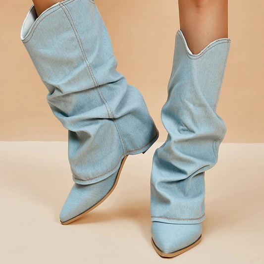 Fringed Folded Denim Boots With Block Heel Trendy