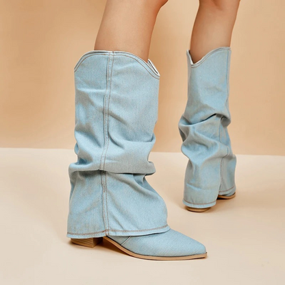 Fringed Folded Denim Boots With Block Heel Trendy