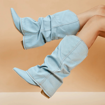 Fringed Folded Denim Boots With Block Heel Trendy