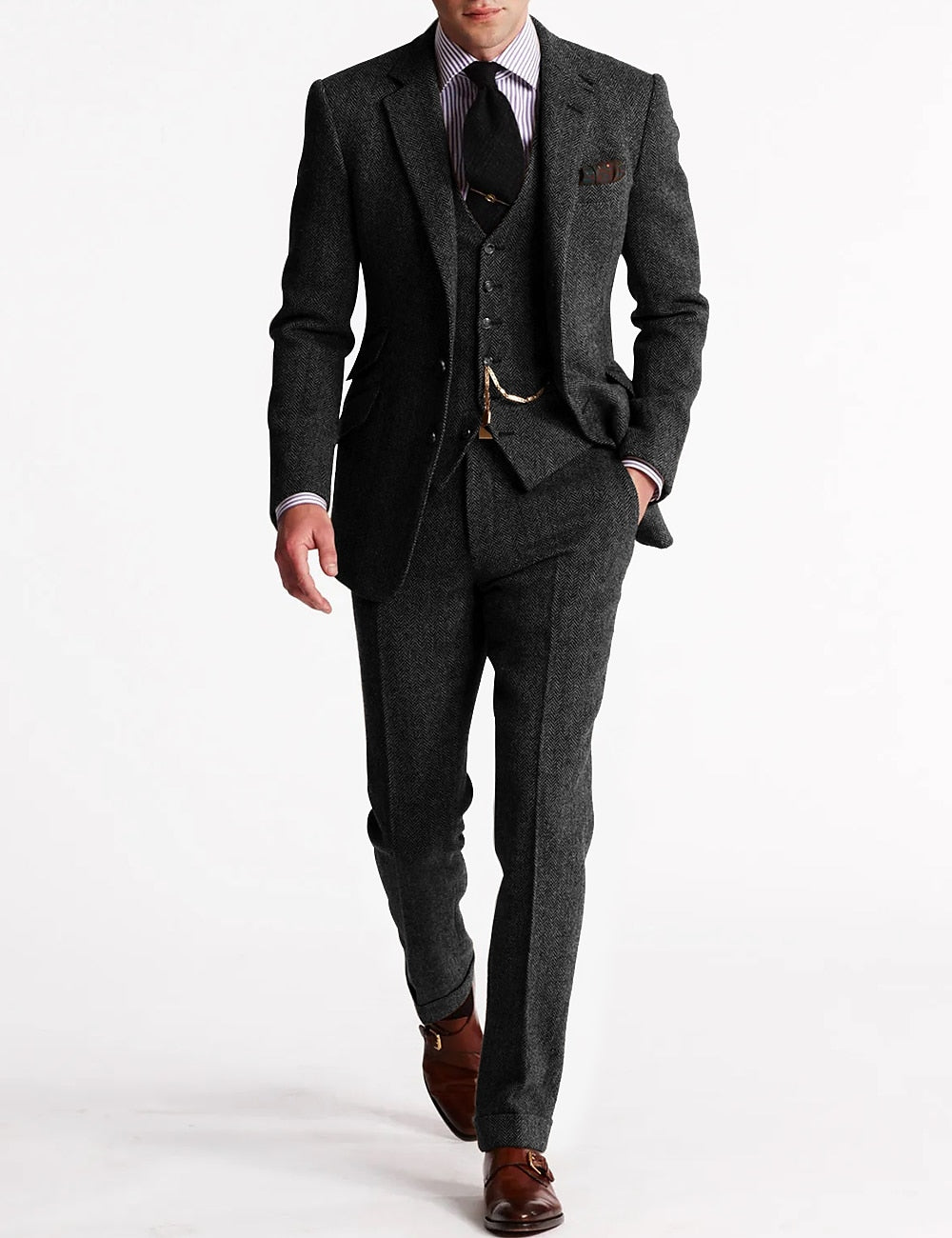 Variant image for Men's Tweed Tuxedo Suit Gray Size M Wool - Elegant Wedding Suit-46