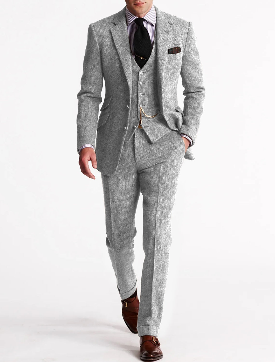 Variant image for Men's Tweed Tuxedo Suit Gray Size M Wool - Elegant Wedding Suit-37
