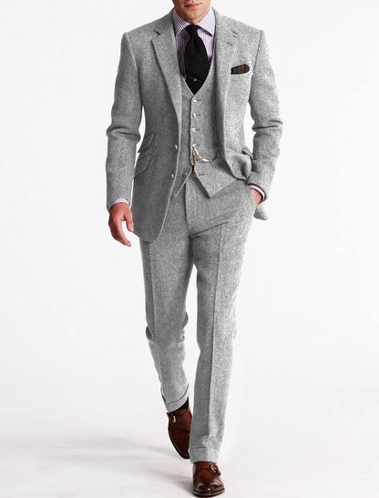 Variant image for Men's Tweed Tuxedo Suit Gray Size M Wool - Elegant Wedding Suit-37