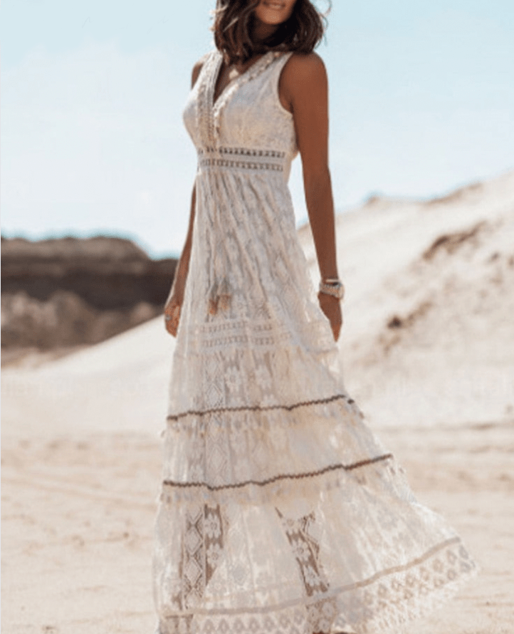 Damen Boho Spitzenkleid Weiß Größe M Polyester - Festliche Kleider für Hochzeitsgast-3
