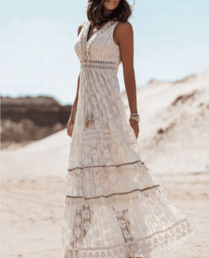 Damen Boho Spitzenkleid Weiß Größe M Polyester - Festliche Kleider für Hochzeitsgast-3