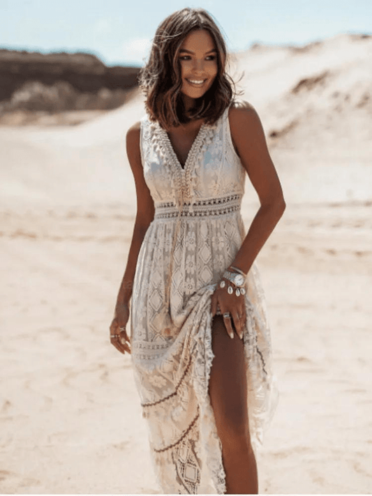 Damen Boho Spitzenkleid Weiß Größe M Polyester - Festliche Kleider für Hochzeitsgast-1