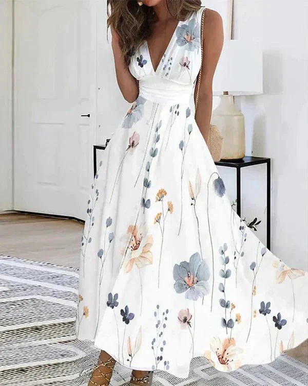 Damen Sommerkleid Floral V-Ausschnitt Weiß Größe M Polyester-2