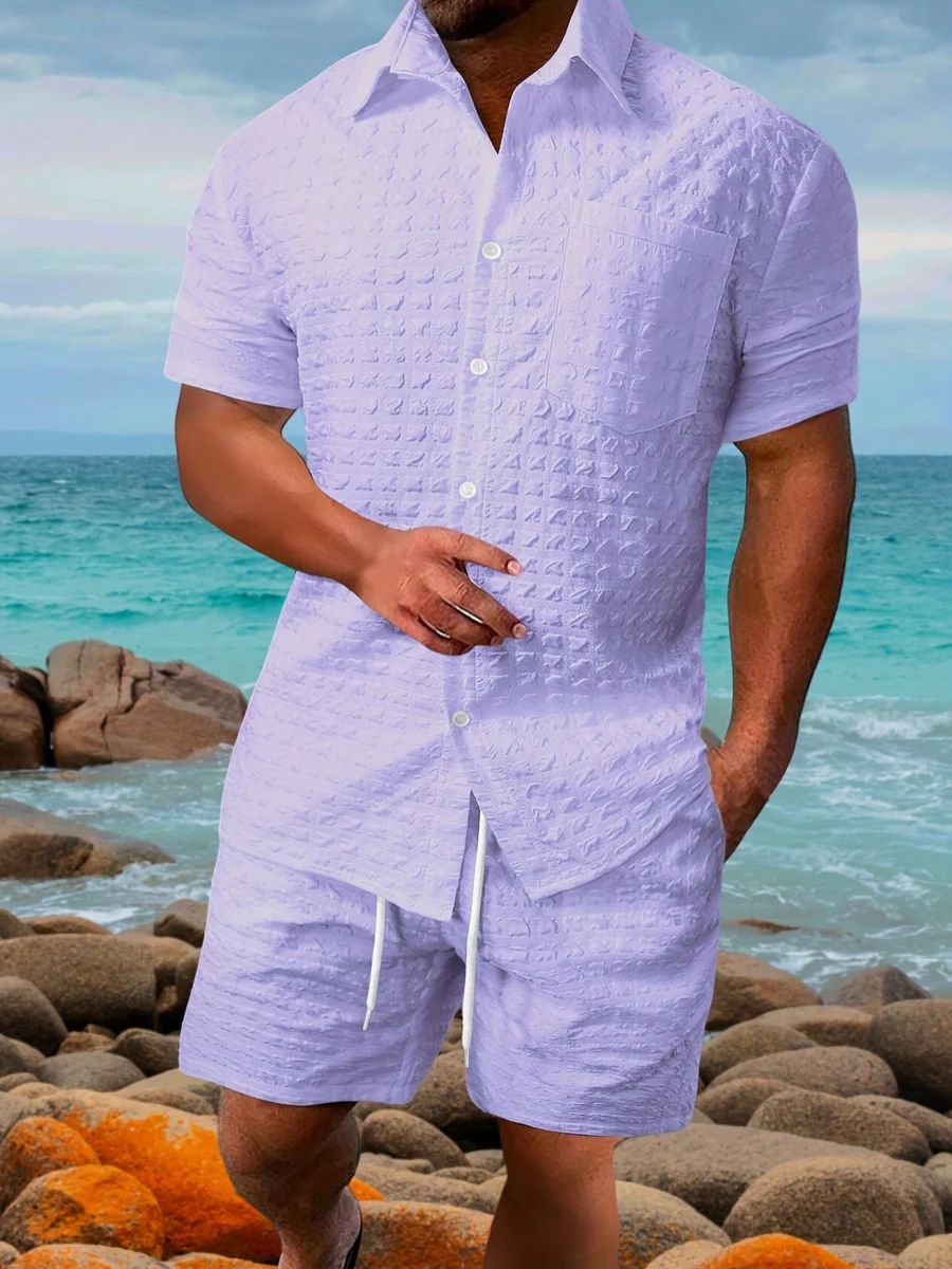 Herren Set Lila Größe M Baumwolle Kurzarm Hemd und Shorts für Männer-2